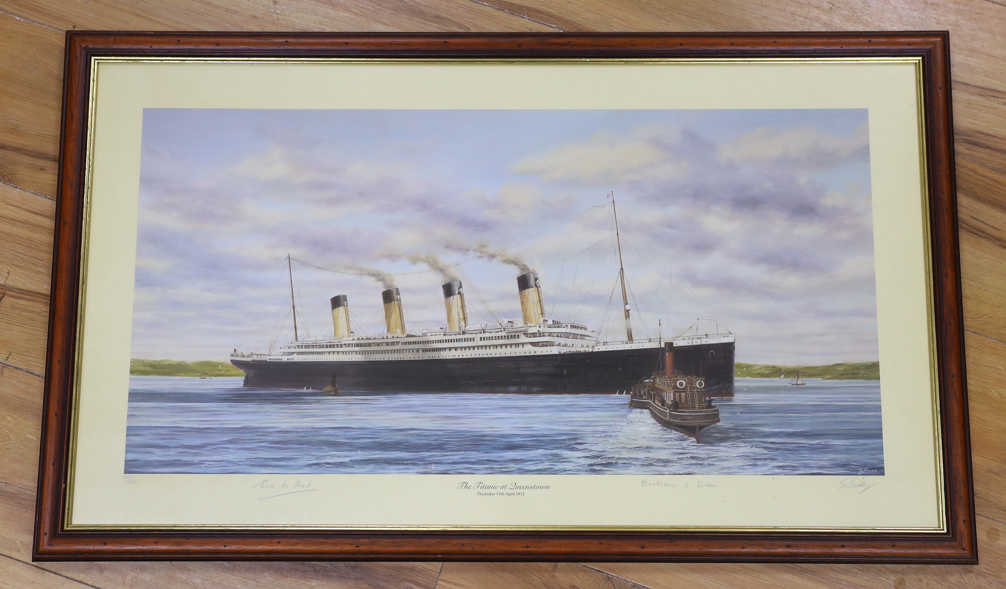 Simon Fisher, colour print, 'The Titanic at Queenstown', signed in pencil by the artist and two survivors, limited edition 465/500, 43 x 77cm